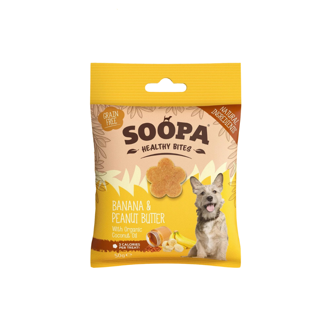 Soopa snacks bocado plátano manteca cacahuete perro