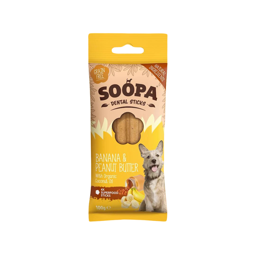 Soopa snacks palitos plátano manteca cacahuete perro