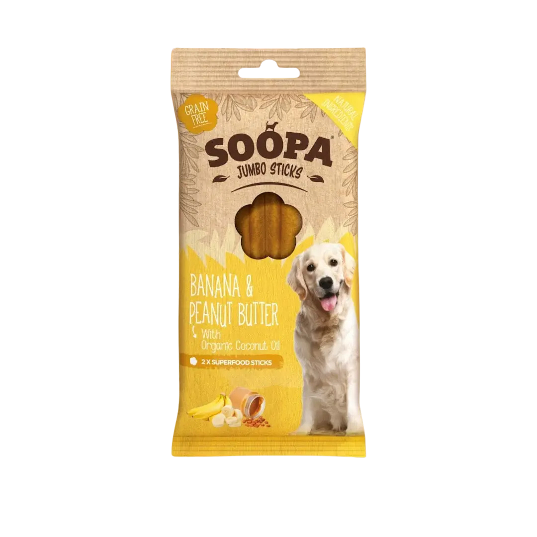 Palitos dentales Jumbo de plátano y mantequila de cacahuete para perros Soopa 170g