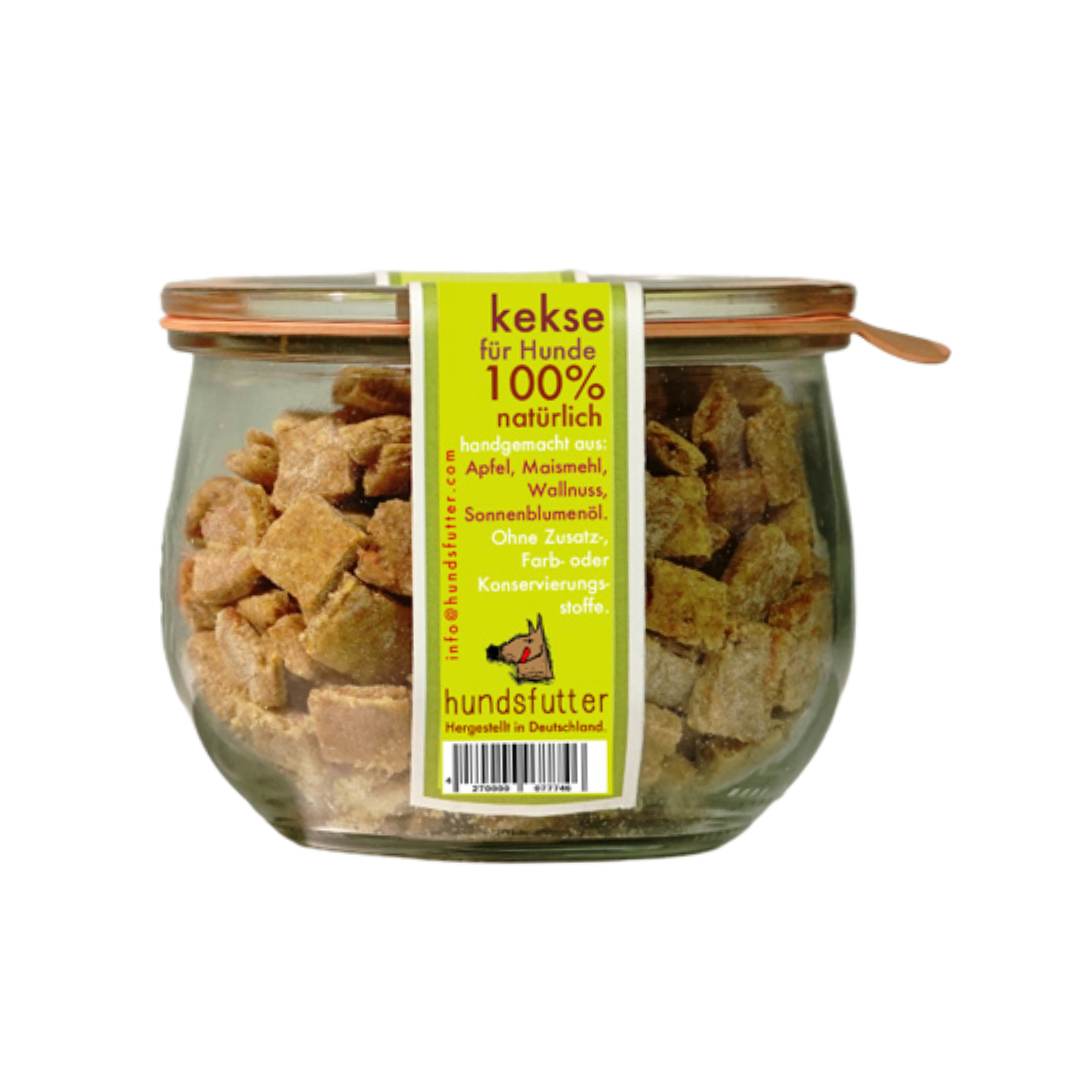 Hundsfutter snacks blandos tarro manzana nuez perro